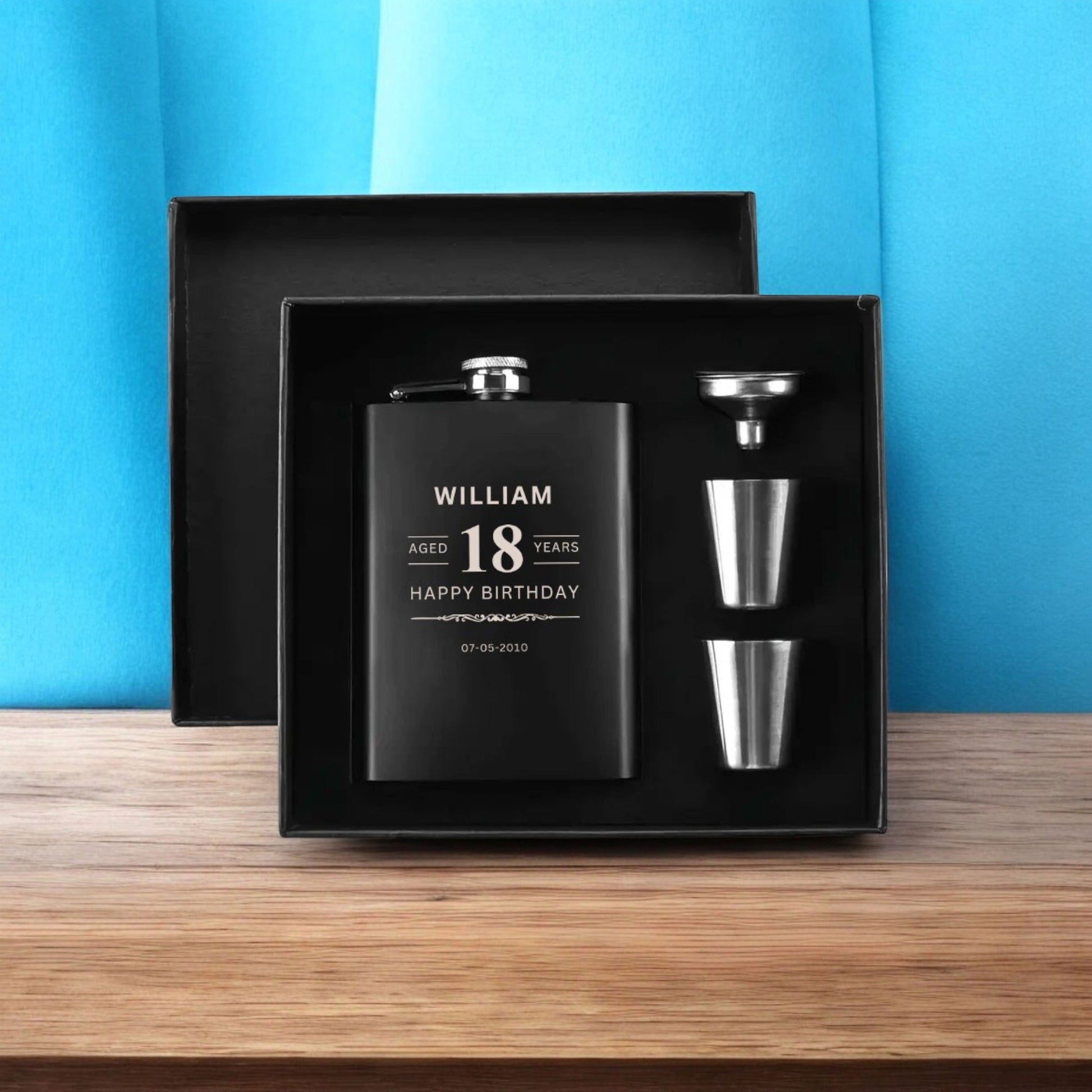 18th Birthday Hip Flask Gift Set Whiskey Label Themed