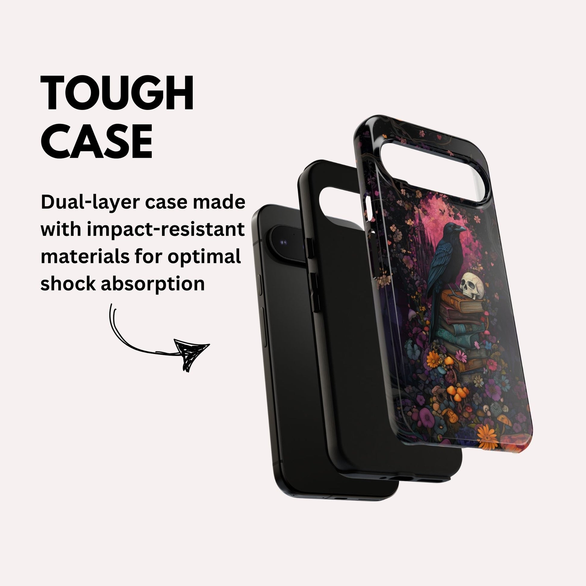 Gothic Black Crow Books and Skulls & Flowers - Tough Case for Google Pixel 9 Pro XL, Pixel 8 Case Pixel 7 6 5 4 3