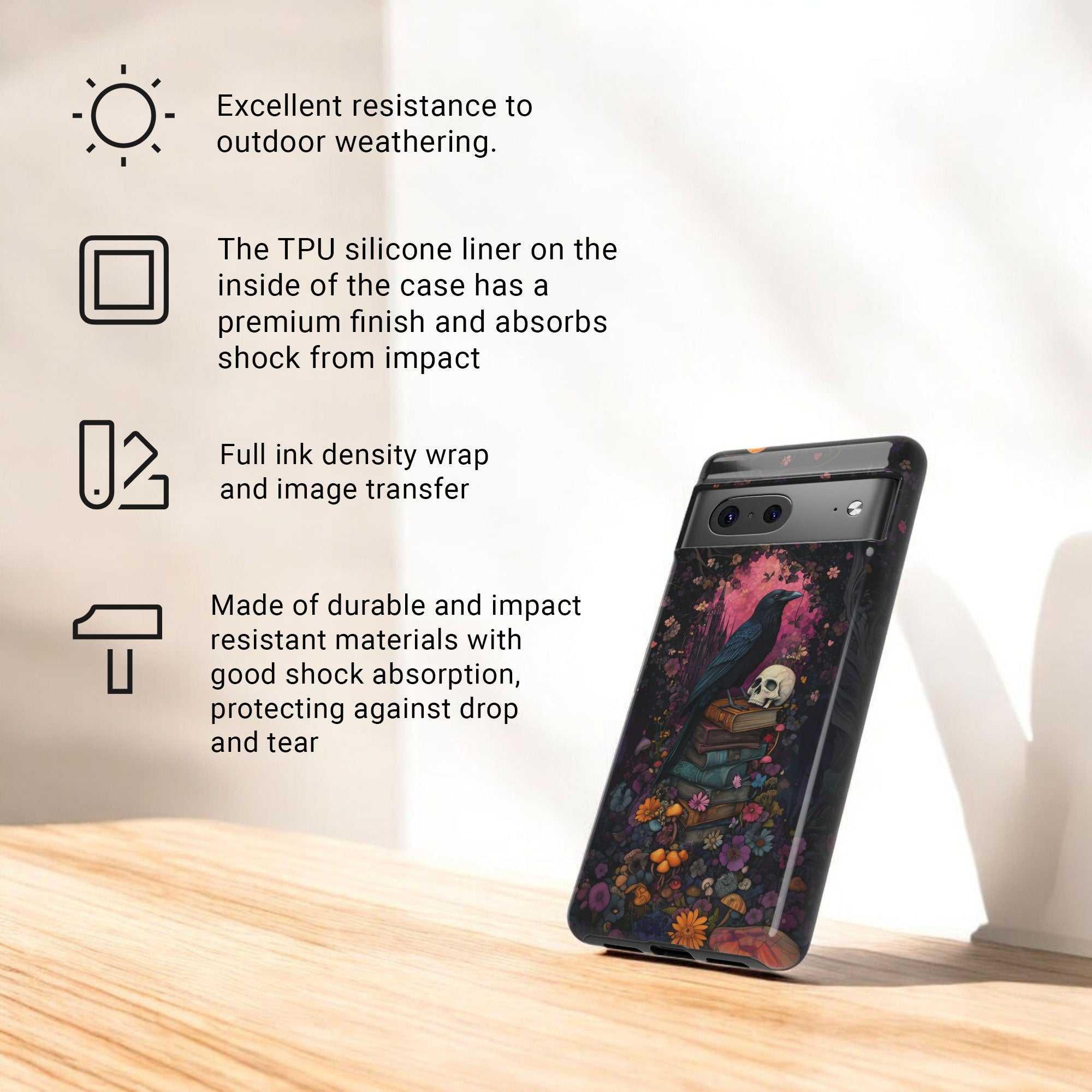 Gothic Black Crow Books and Skulls & Flowers - Tough Case for Google Pixel 9 Pro XL, Pixel 8 Case Pixel 7 6 5 4 3